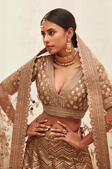 Brown Golden Sequins Embroidered Silk Lehenga Choli For Wedding