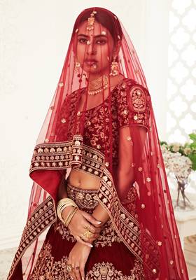 Dark Red Zari Sequins And Thread Embroidered Velvet Lehenga Choli For Wedding 2