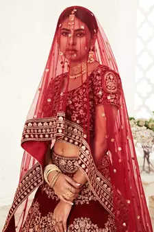 Dark Red Zari Sequins And Thread Embroidered Velvet Lehenga Choli For Wedding