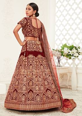 Dark Red Zari Sequins And Thread Embroidered Velvet Lehenga Choli For Wedding 3