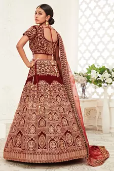 Dark Red Zari Sequins And Thread Embroidered Velvet Lehenga Choli For Wedding