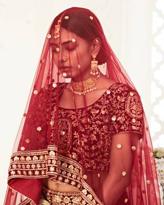 Dark Red Zari Sequins And Thread Embroidered Velvet Lehenga Choli For Wedding 4