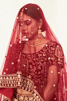 Dark Red Zari Sequins And Thread Embroidered Velvet Lehenga Choli For Wedding