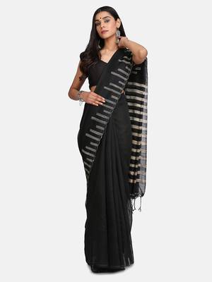 Black Stribe Work Cotton Silk Handloom Saree With Blouse 1
