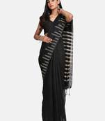 Black Stribe Work Cotton Silk Handloom Saree With Blouse
