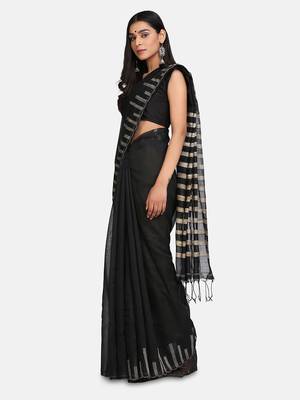Black Stribe Work Cotton Silk Handloom Saree With Blouse 3