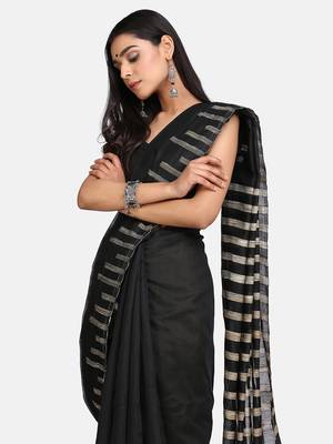 Black Stribe Work Cotton Silk Handloom Saree With Blouse 4