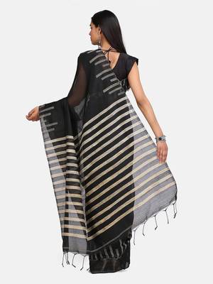 Black Stribe Work Cotton Silk Handloom Saree With Blouse 5
