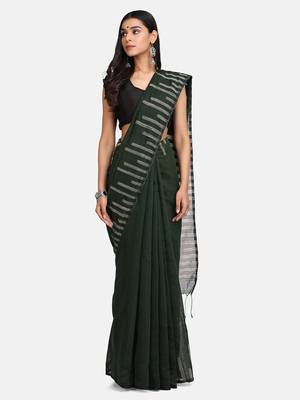 Bottle Green Stribe Work Cotton Silk Handloom Saree With Blouse 1