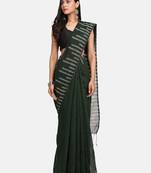 Bottle Green Stribe Work Cotton Silk Handloom Saree With Blouse