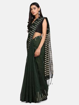 Bottle Green Stribe Work Cotton Silk Handloom Saree With Blouse 3
