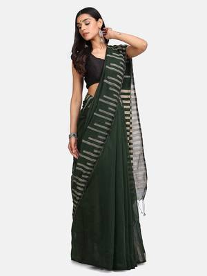Bottle Green Stribe Work Cotton Silk Handloom Saree With Blouse 4