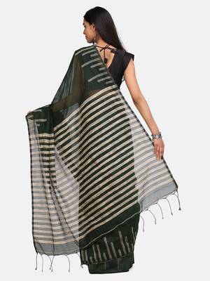 Bottle Green Stribe Work Cotton Silk Handloom Saree With Blouse 5