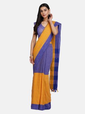 Blue Hand Weaven Khadi Cotton  daily Wear Handloom Saree With Blouse 1