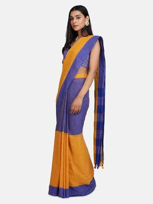 Blue Hand Weaven Khadi Cotton  daily Wear Handloom Saree With Blouse 3