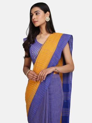 Blue Hand Weaven Khadi Cotton  daily Wear Handloom Saree With Blouse 4