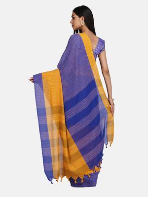 Blue Hand Weaven Khadi Cotton  daily Wear Handloom Saree With Blouse 5