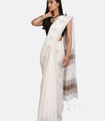 White Triangle Design Hand Weaven Cotton Silk Handloom Saree With Blouse