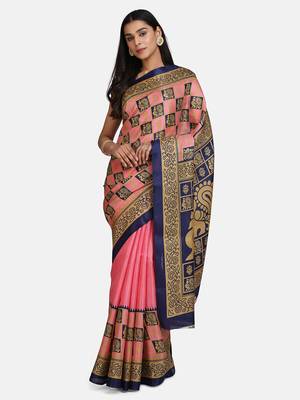 Pink printed art silk saree with blouse 1
