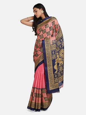 Pink printed art silk saree with blouse 3