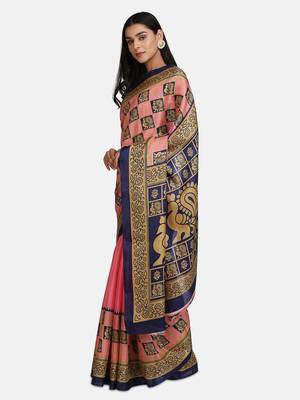 Pink printed art silk saree with blouse 4