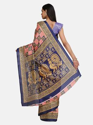 Pink printed art silk saree with blouse 5