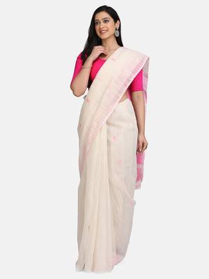 White Triangle Design Hand Weaven Cotton Silk Handloom Saree With Blouse 1