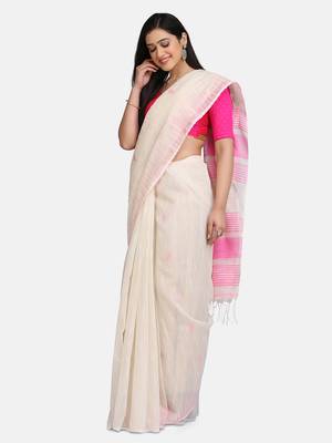 White Triangle Design Hand Weaven Cotton Silk Handloom Saree With Blouse 3