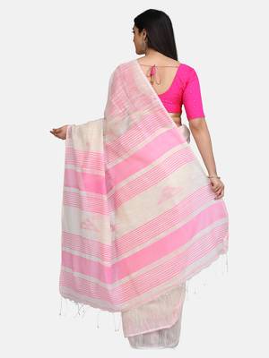 White Triangle Design Hand Weaven Cotton Silk Handloom Saree With Blouse 4