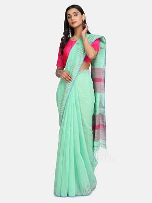 Olive Triangle Design Hand Weaven Cotton Silk Handloom Saree With Blouse 1
