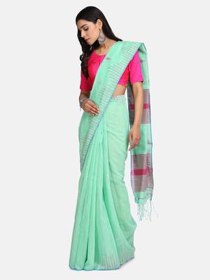 Olive Triangle Design Hand Weaven Cotton Silk Handloom Saree With Blouse 3