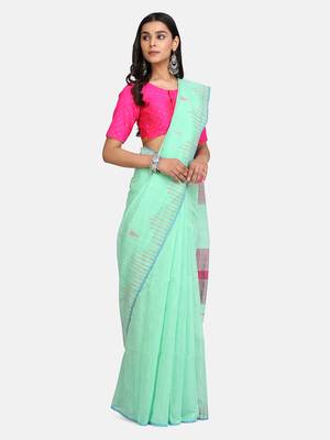 Olive Triangle Design Hand Weaven Cotton Silk Handloom Saree With Blouse 4