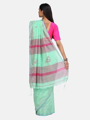 Olive Triangle Design Hand Weaven Cotton Silk Handloom Saree With Blouse 5