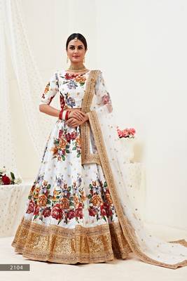 White embroidered art silk semi stitched lehenga 1