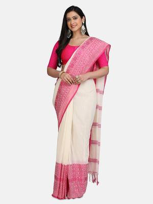 White Weaving Work Pure Cotton Temple Design Handloom saree With blouse 1