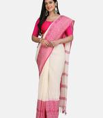 White Weaving Work Pure Cotton Temple Design Handloom saree With blouse