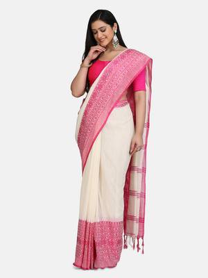 White Weaving Work Pure Cotton Temple Design Handloom saree With blouse 3