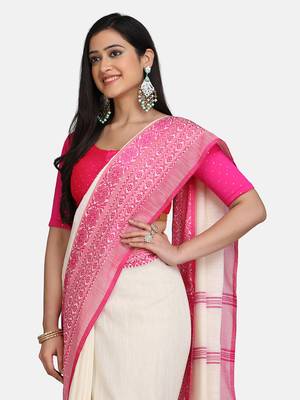 White Weaving Work Pure Cotton Temple Design Handloom saree With blouse 4