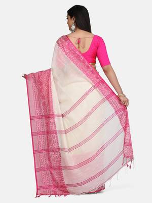 White Weaving Work Pure Cotton Temple Design Handloom saree With blouse 5
