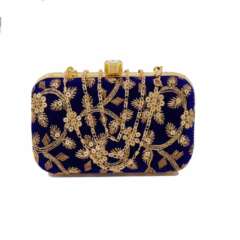 Shoptory India Women's Hand Embroidered Casual Partywear Clutch - Blue