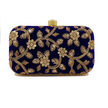 Shoptory India Women's Hand Embroidered Casual Partywear Clutch - Blue 2