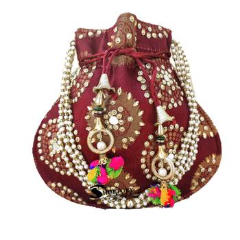 Shoptory India Wristlets Ethnic Hand Beaded Embellished Rajasthani Handbag Potli Casual For Women Girls - Maroon 1