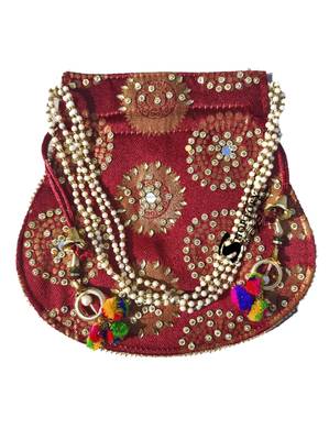 Shoptory India Wristlets Ethnic Hand Beaded Embellished Rajasthani Handbag Potli Casual For Women Girls - Maroon 2