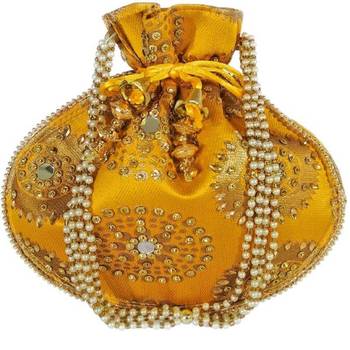Shoptory India Wristlets Ethnic Hand Beaded Embellished Rajasthani Handbag Potli Casual For Women Girls - Yellow 1