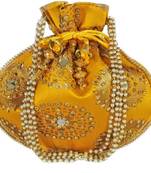 Shoptory India Wristlets Ethnic Hand Beaded Embellished Rajasthani Handbag Potli Casual For Women Girls - Yellow