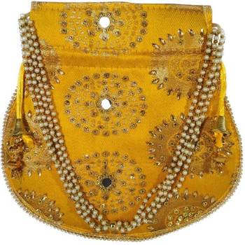 Shoptory India Wristlets Ethnic Hand Beaded Embellished Rajasthani Handbag Potli Casual For Women Girls - Yellow 2