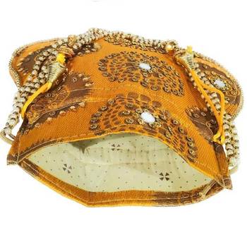 Shoptory India Wristlets Ethnic Hand Beaded Embellished Rajasthani Handbag Potli Casual For Women Girls - Yellow 4