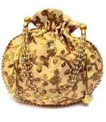 Shoptory India Hand Embroidered Rajasthani Jaipuri Silk Potli With Pearl handle For Women & Girls - Gold