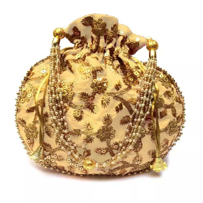 Shoptory India Hand Embroidered Rajasthani Jaipuri Silk Potli With Pearl handle For Women & Girls - Gold
