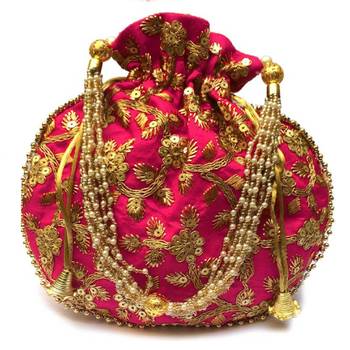 Shoptory India Hand Embroidered Rajasthani Jaipuri Silk Potli With Pearl handle For Women & Girls - Pink 1